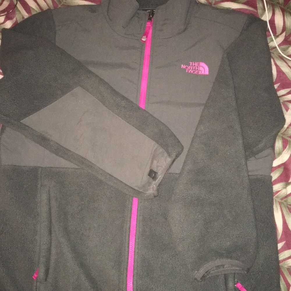 Grey and Pink Girls The North Face fleece jacket.